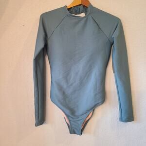 J Crew Active Ribbed Long Sleeve One Piece Rash Guard Swimsuit Green Womens SZ 2